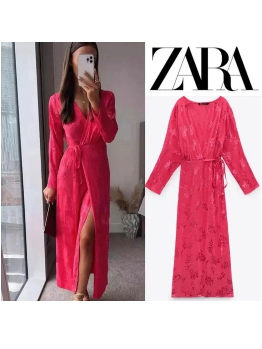 ZARA Hot Pink Floral Wrap Maxi Dress with Tie Waist